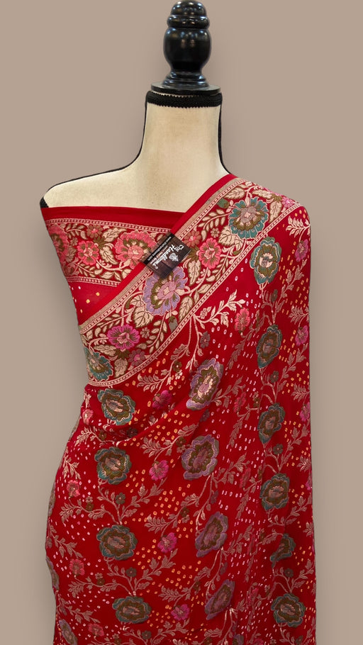 Pure Georgette Banarasi Bandhej Handloom Saree - Meenakari - The Handlooms