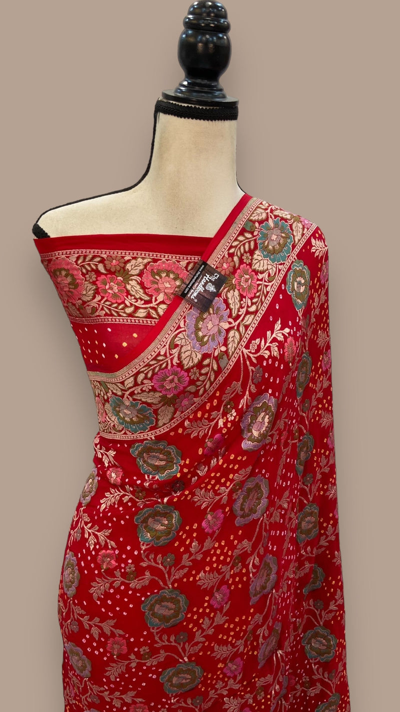 Pure Georgette Banarasi Bandhej Handloom Saree - Meenakari - The Handlooms