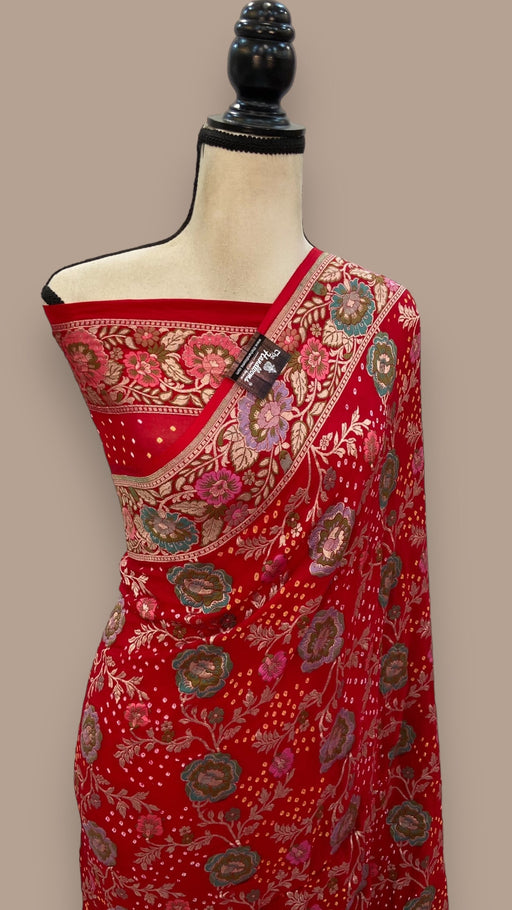Pure Georgette Banarasi Bandhej Handloom Saree - Meenakari - The Handlooms