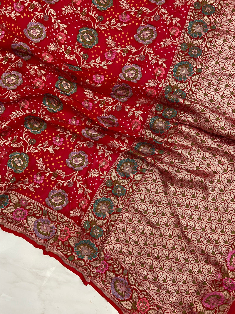 Pure Georgette Banarasi Bandhej Handloom Saree - Meenakari - The Handlooms