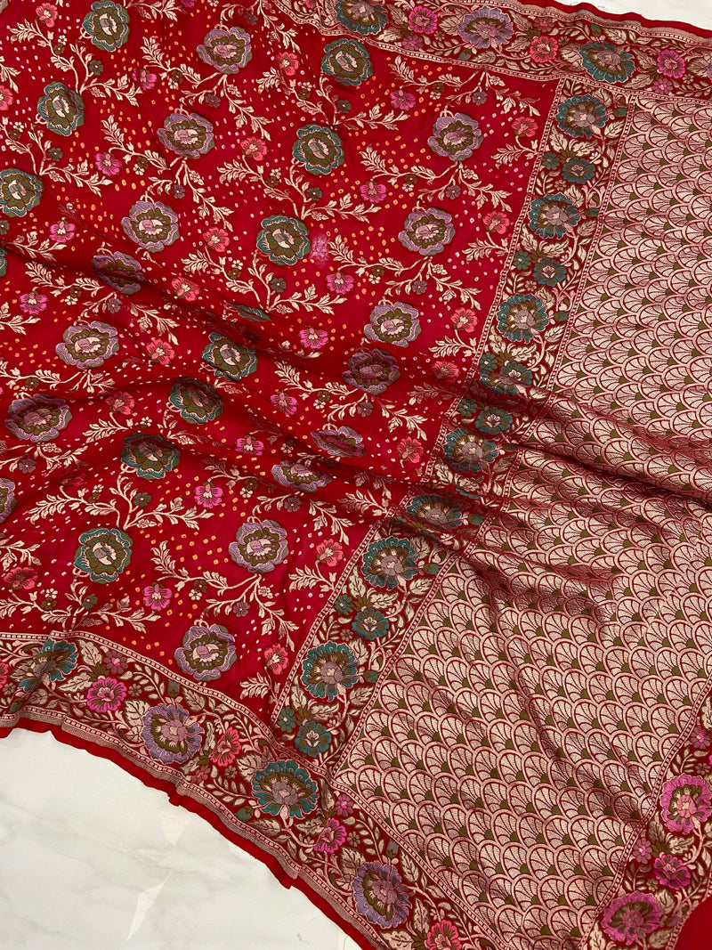 Pure Georgette Banarasi Bandhej Handloom Saree - Meenakari - The Handlooms