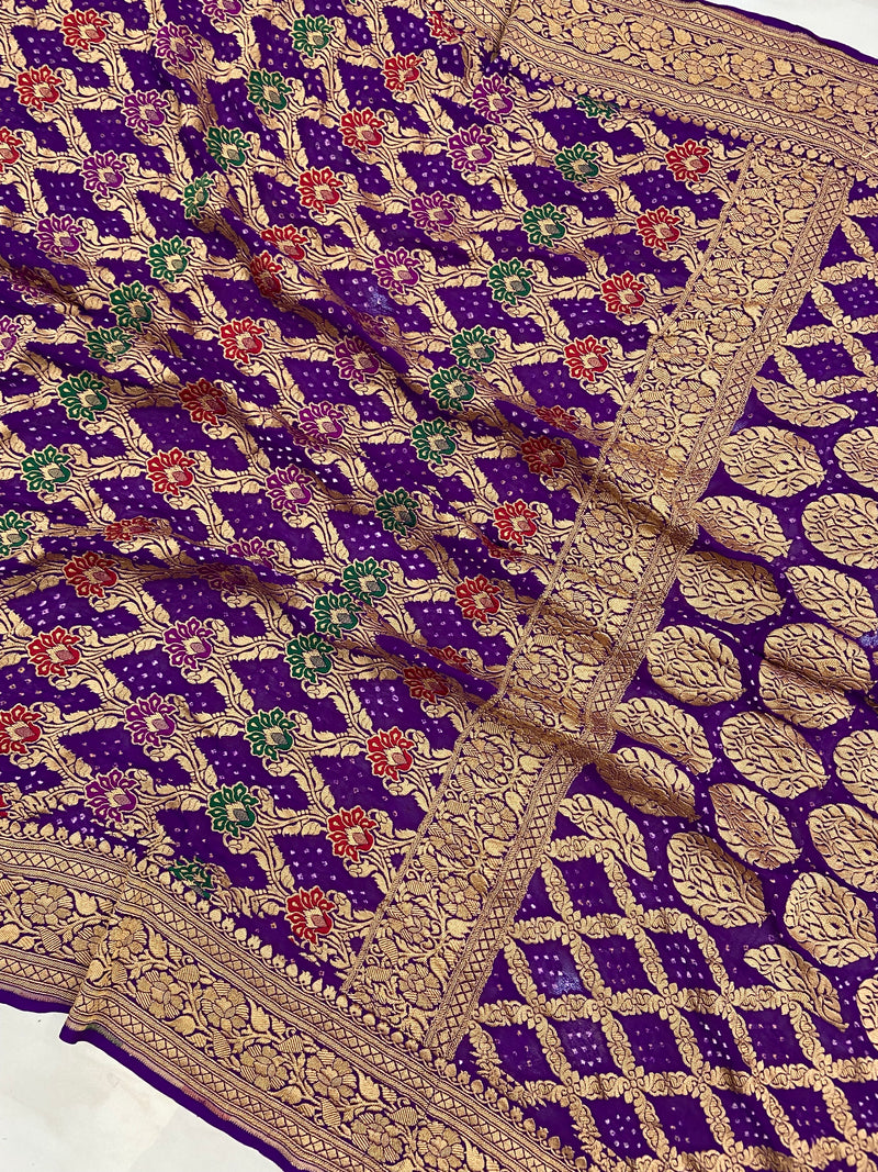 Pure Georgette Banarasi Bandhej Handloom Saree - with meenakari work - The Handlooms