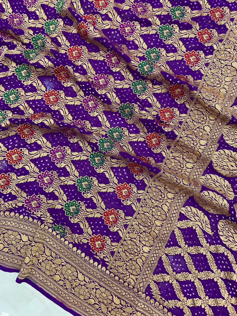 Pure Georgette Banarasi Bandhej Handloom Saree - with meenakari work - The Handlooms