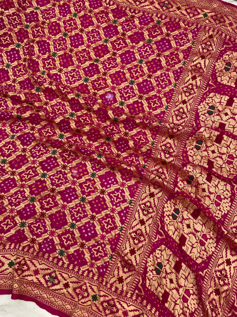 Pure Georgette Banarasi Bandhej Handloom Saree - with meenakari work - The Handlooms