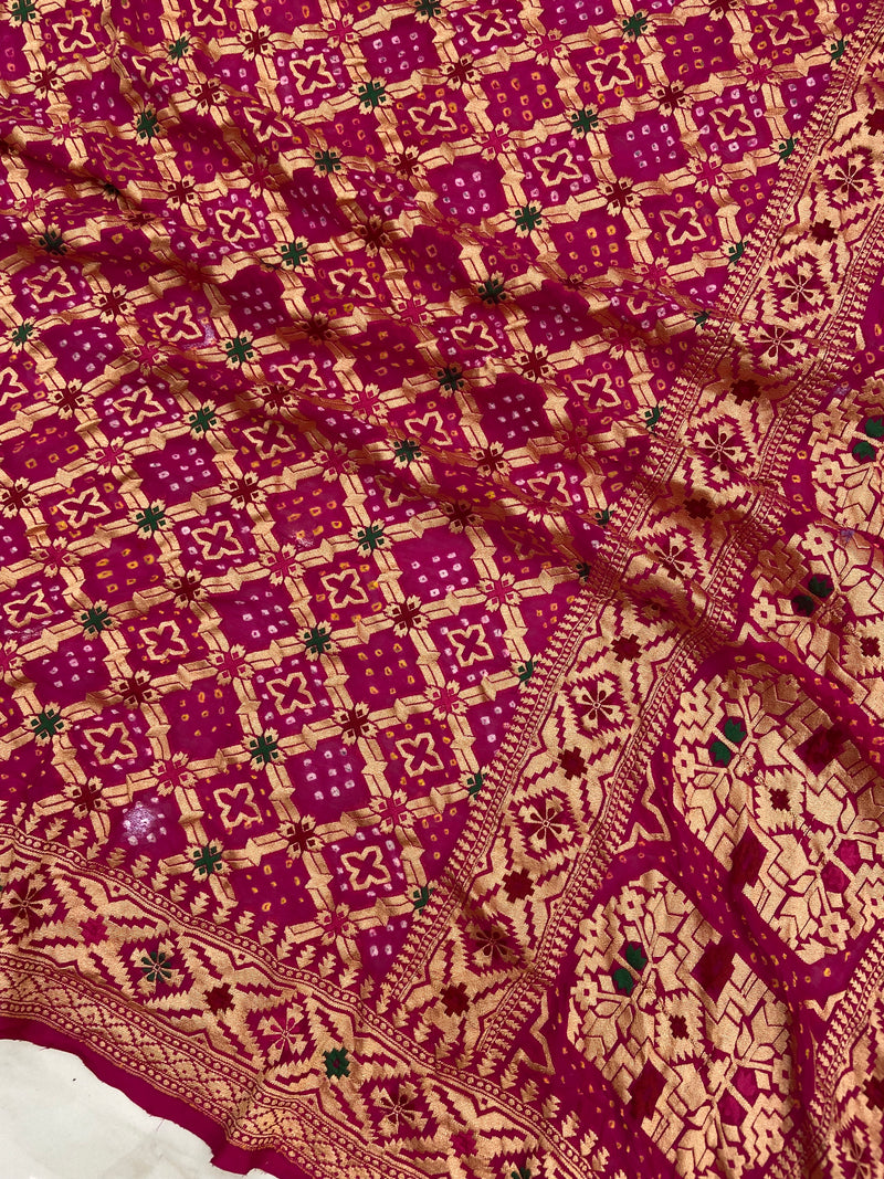 Pure Georgette Banarasi Bandhej Handloom Saree - with meenakari work - The Handlooms