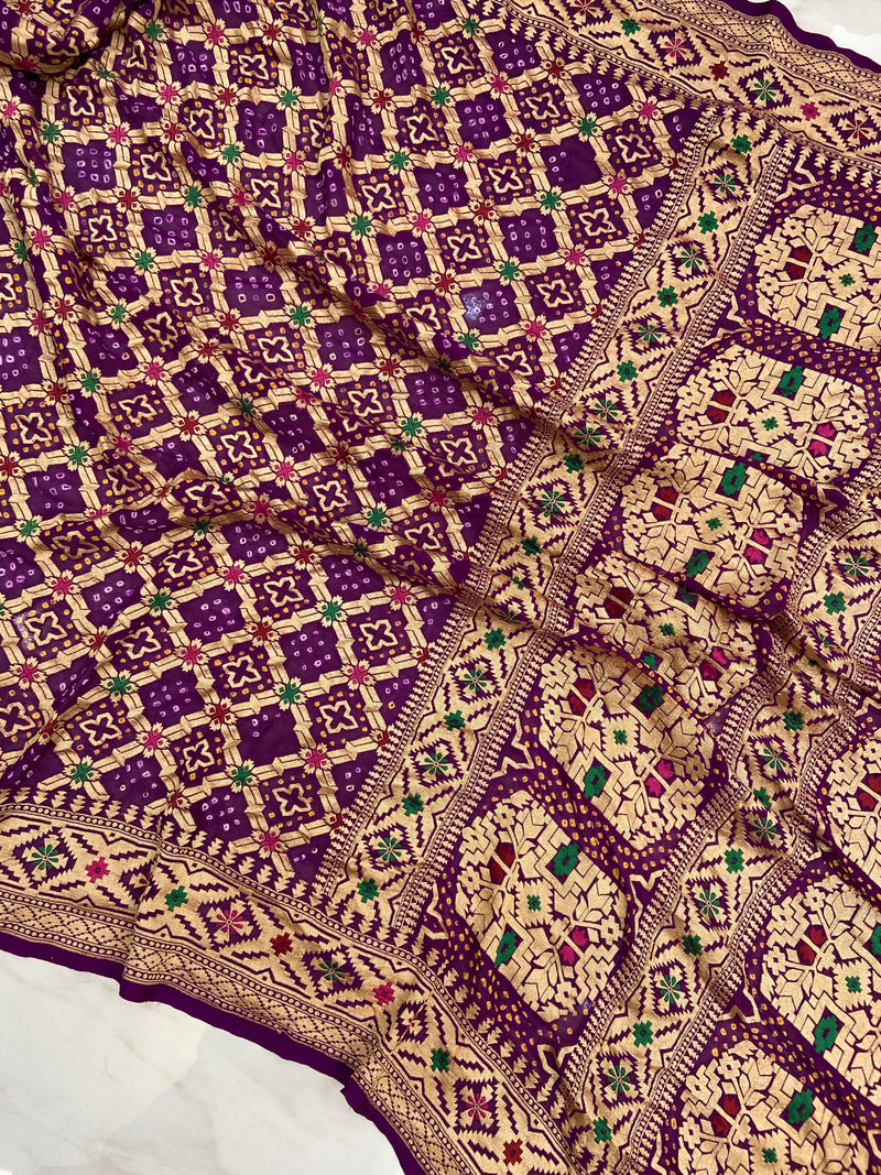 Pure Georgette Banarasi Bandhej Handloom Saree - with meenakari work - The Handlooms