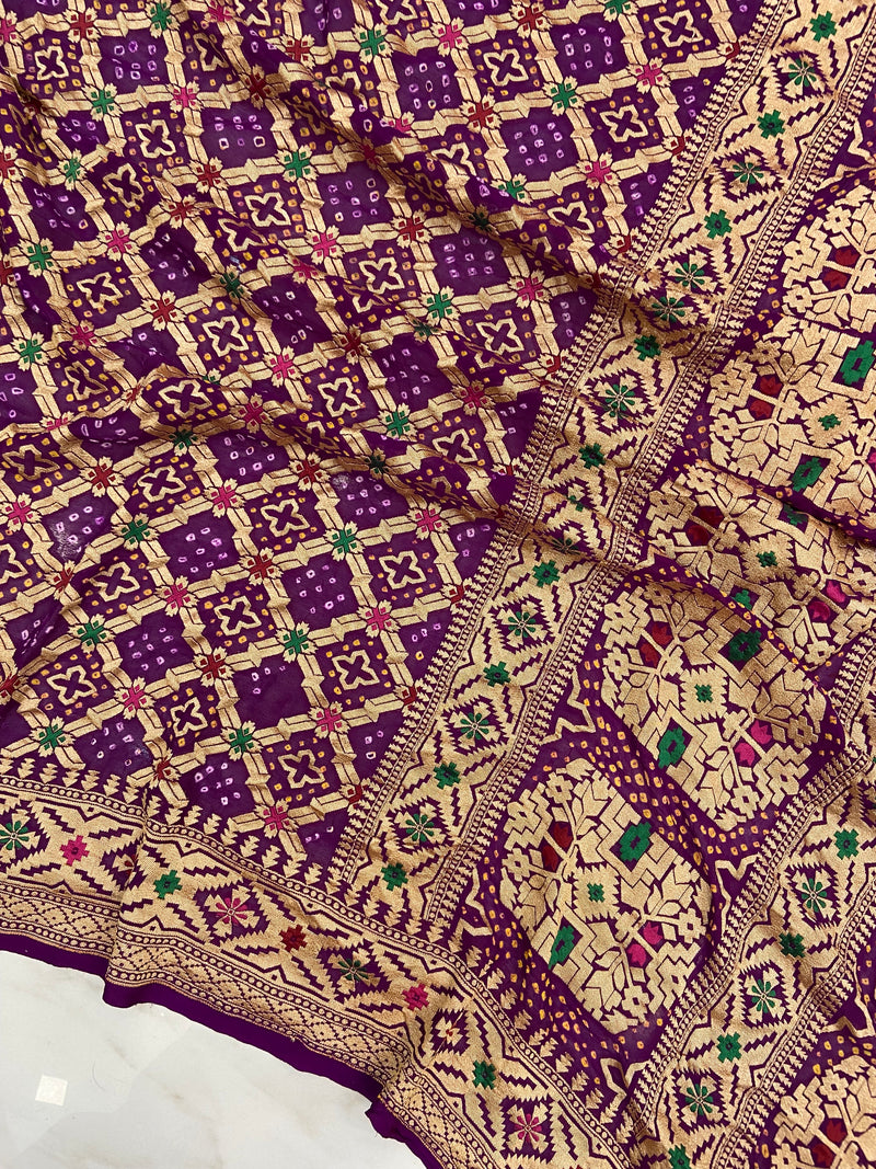 Pure Georgette Banarasi Bandhej Handloom Saree - with meenakari work - The Handlooms