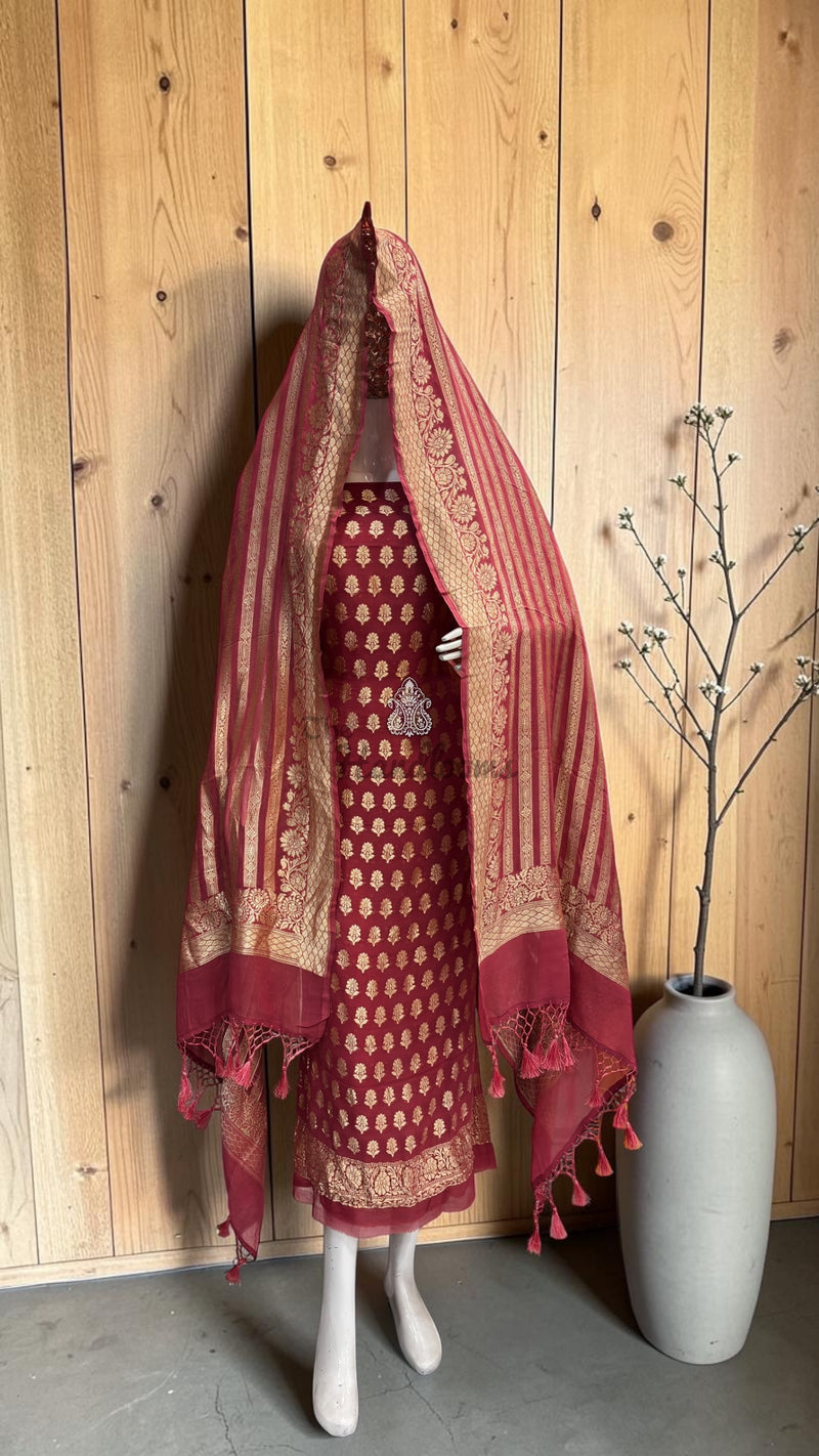 Dusty Rose Pink Khaddi Georgette Banarasi Dress material Water Zari