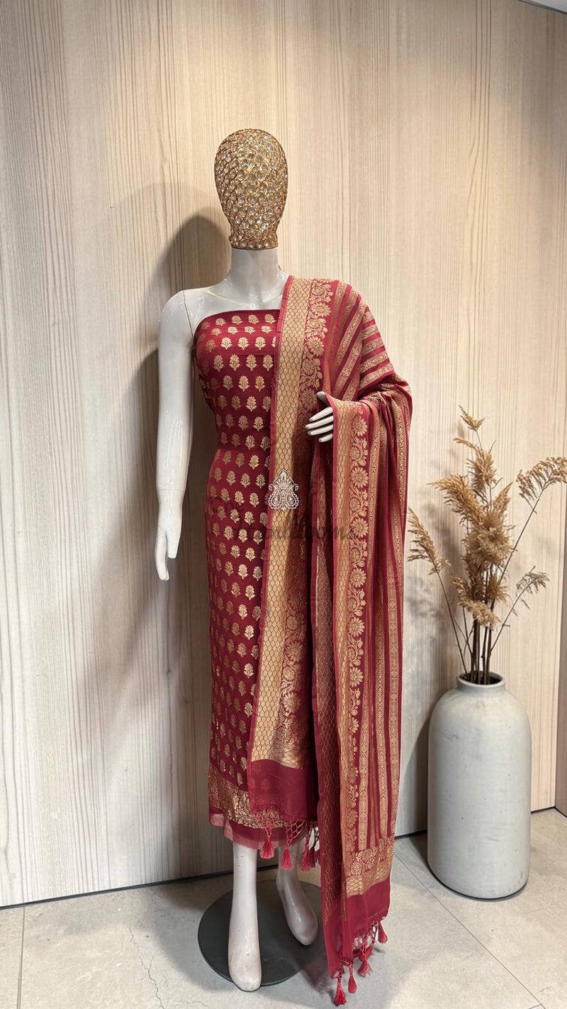 Dusty Rose Pink Khaddi Georgette Banarasi Dress material Water Zari