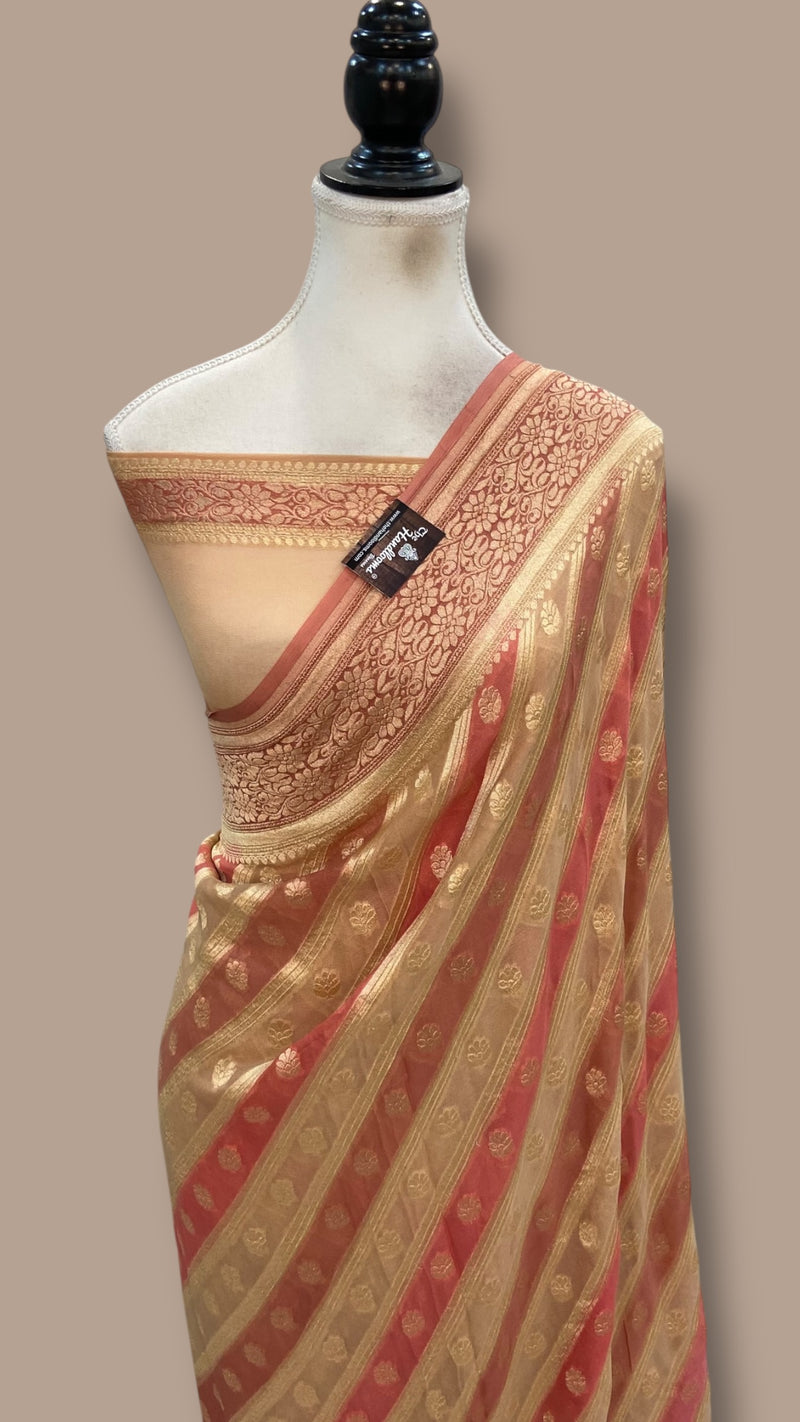 Khaddi Georgette Handloom Banarasi Saree - Gold Zari - The Handlooms