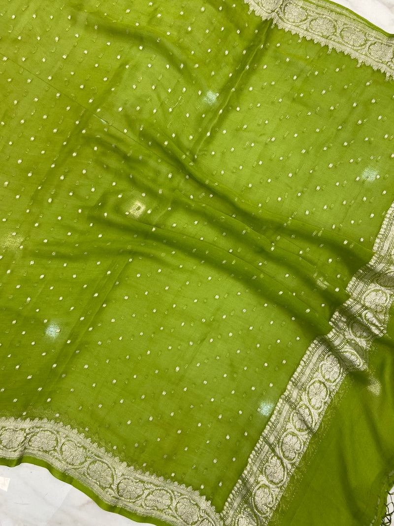 Pista Green Pure Georgette Dupatta - silver zari - The Handlooms