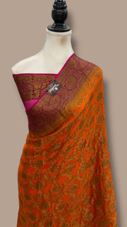 Orange Pure Chiffon Khaddi Banarasi Saree - The Handlooms