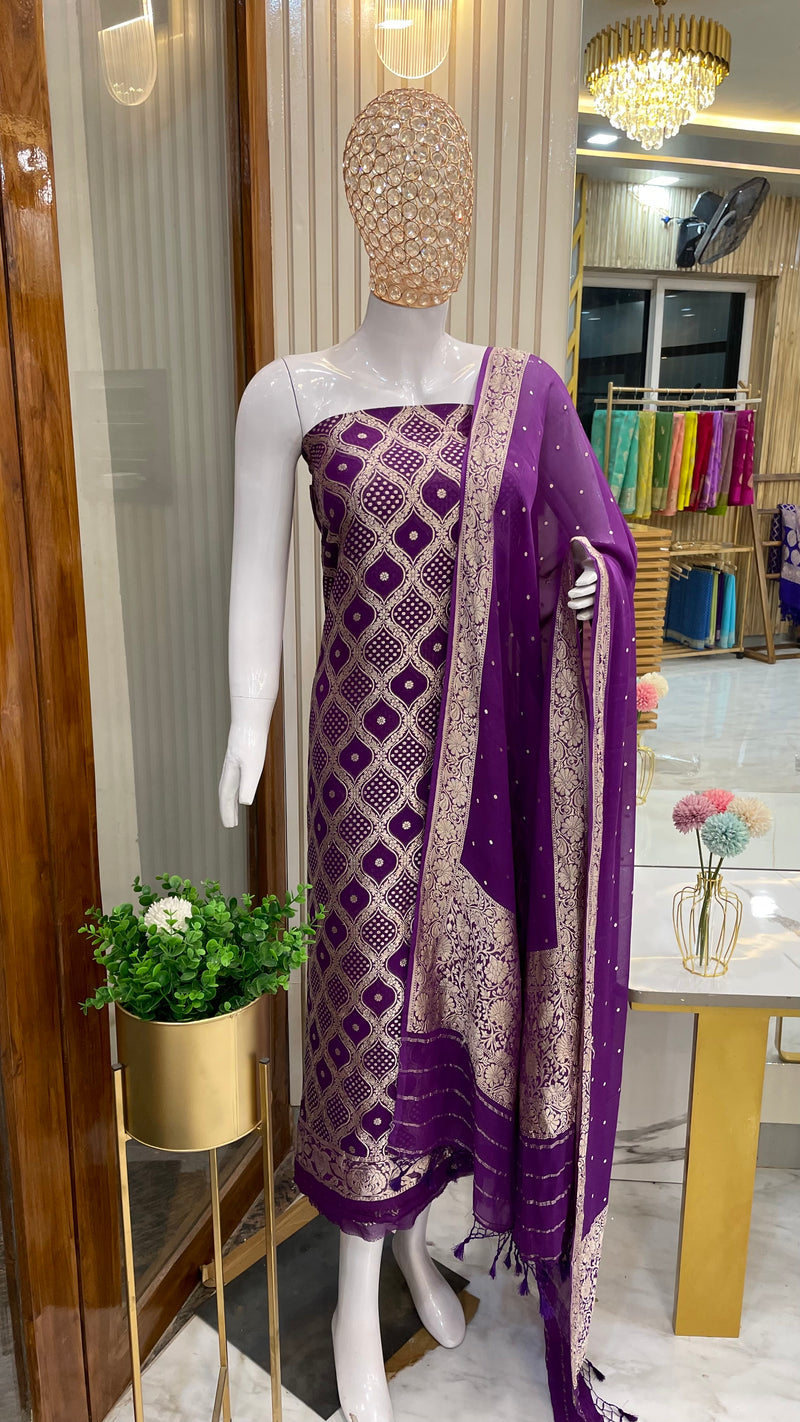 Purple Pure Khaddi Georgette Banarasi Dress material - The Handlooms