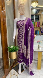 Purple Pure Khaddi Georgette Banarasi Dress material - The Handlooms