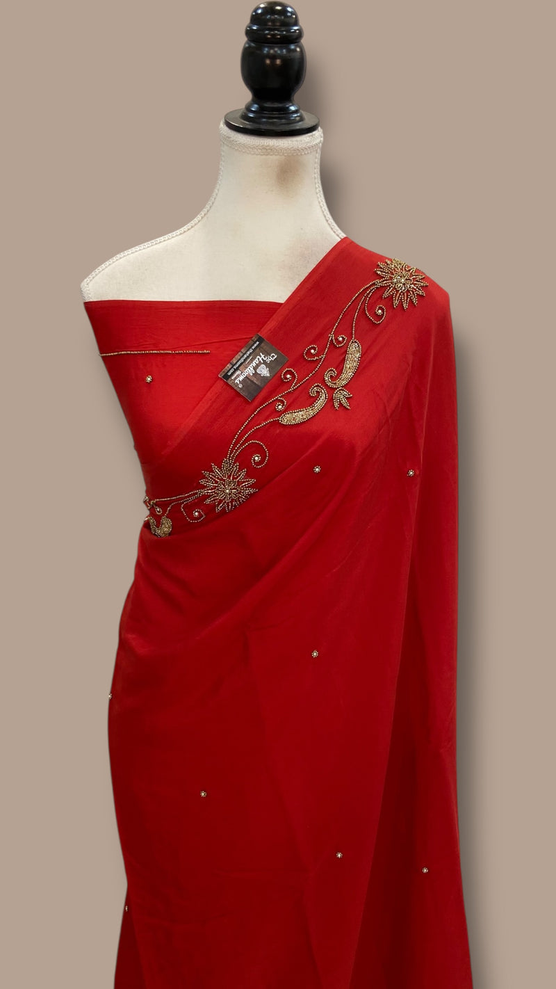 Red Pure Crepe Silk Handloom Banarasi Saree With Handwork - The Handlooms