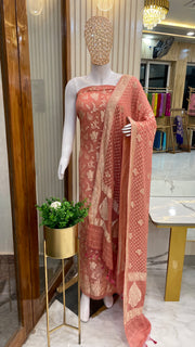 Peach Pure Khaddi Georgette Banarasi Dress material - The Handlooms