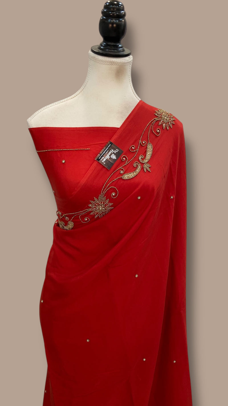 Red Pure Crepe Silk Handloom Banarasi Saree With Handwork - The Handlooms