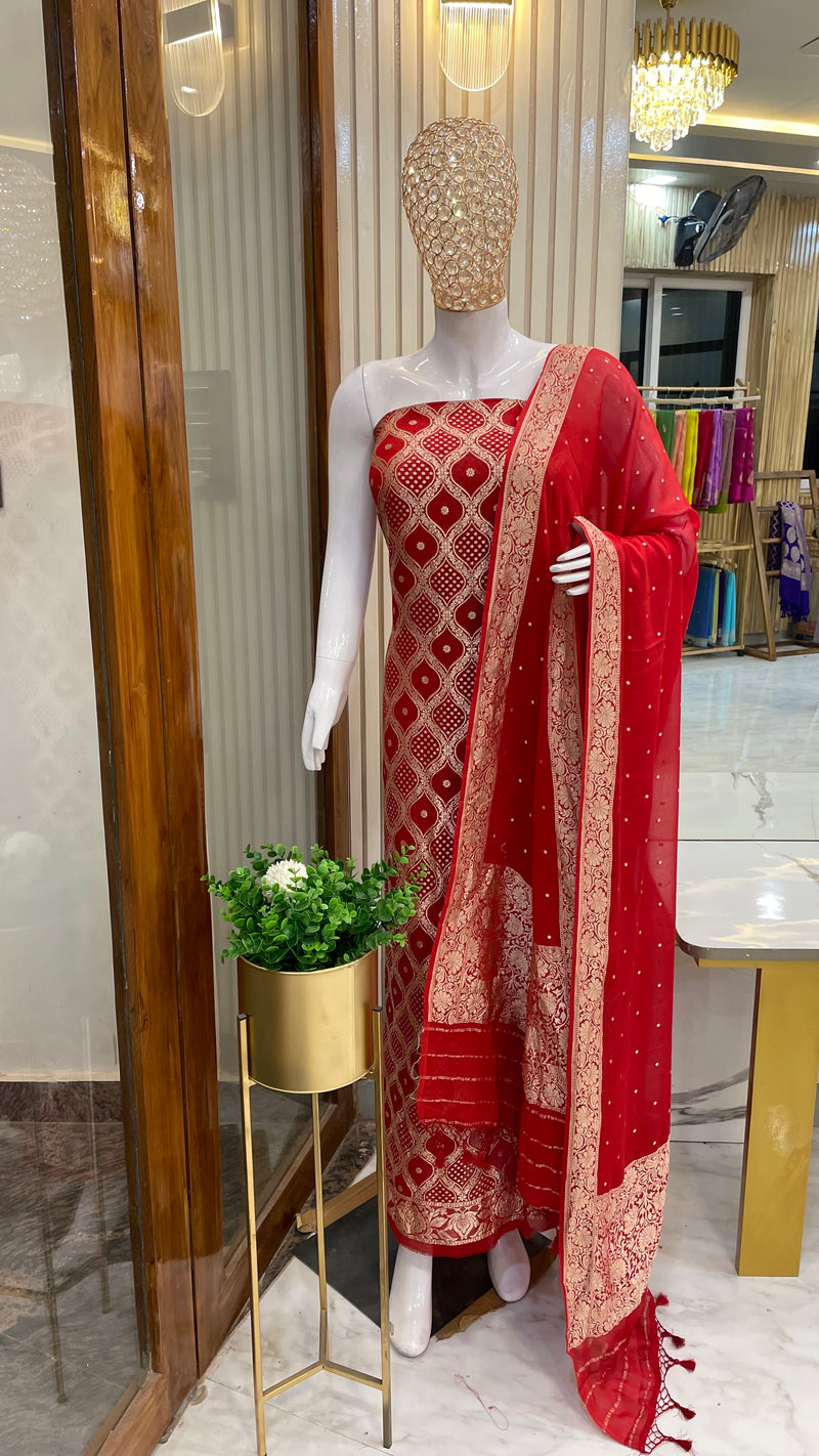 Red Pure Khaddi Georgette Banarasi Dress material - The Handlooms