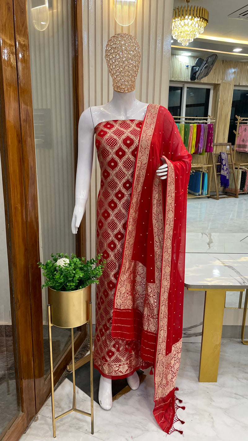 Red Pure Khaddi Georgette Banarasi Dress material - The Handlooms