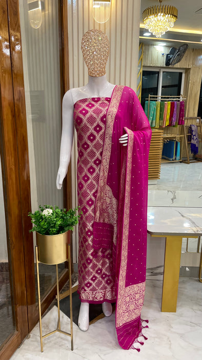Hot Pink Pure Khaddi Georgette Banarasi Dress material