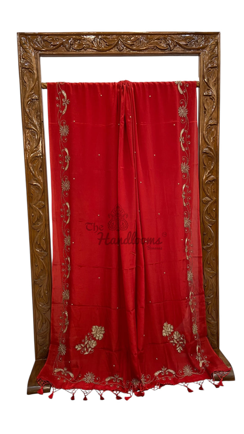 Red Pure Crepe Silk Handloom Banarasi Saree With Handwork - The Handlooms