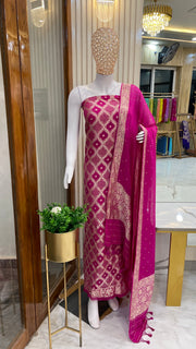 Hot Pink Pure Khaddi Georgette Banarasi Dress material - The Handlooms