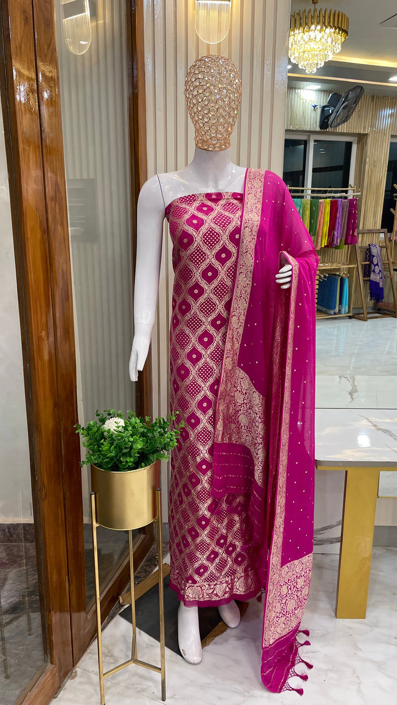 Hot Pink Pure Khaddi Georgette Banarasi Dress material - The Handlooms