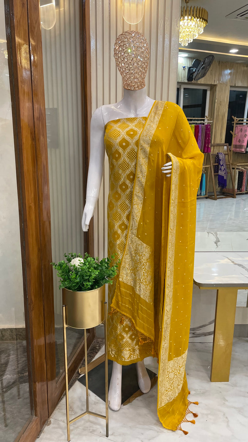 Mustard Yellow Pure Khaddi Georgette Banarasi Dress material - The Handlooms