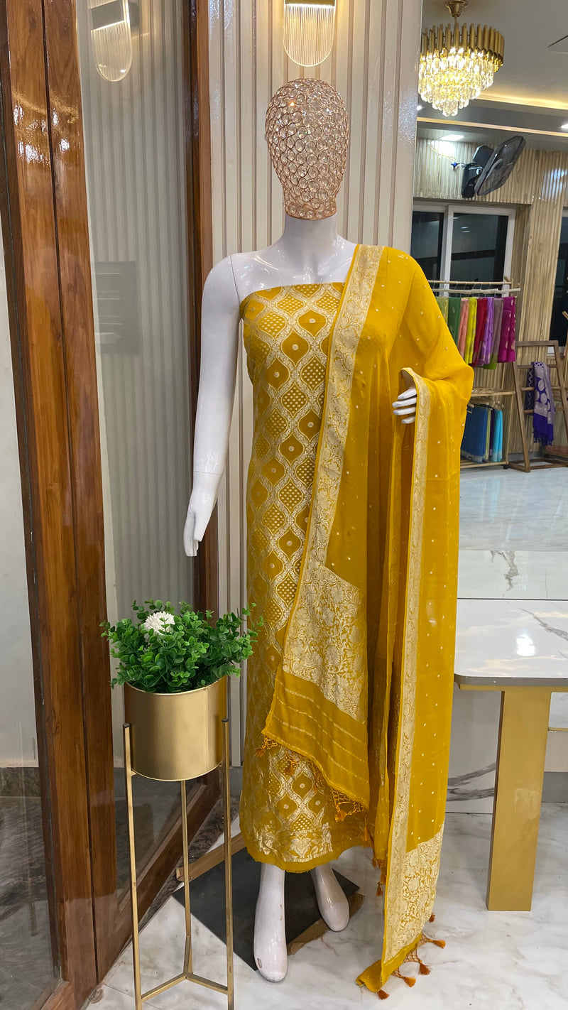 Mustard Yellow Pure Khaddi Georgette Banarasi Dress material The Handlooms Mustard Yellow Pure Khaddi Georgette Banarasi Dress material The Handlooms