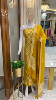 Mustard Yellow Pure Khaddi Georgette Banarasi Dress material - The Handlooms