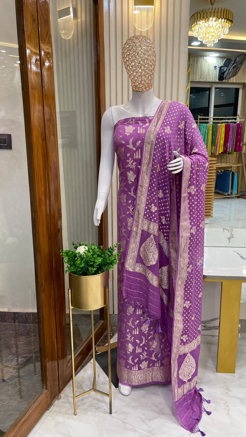 Lavender Pure Khaddi Georgette Banarasi Dress material - The Handlooms