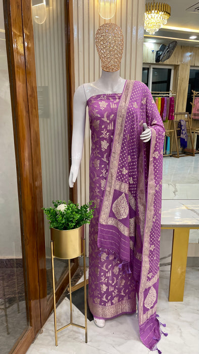 Lavender Pure Khaddi Georgette Banarasi Dress material