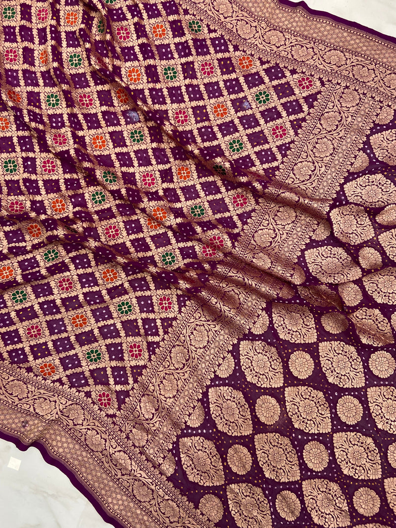 Pure Georgette Banarasi Bandhej Handloom Saree - with meenakari work - The Handlooms