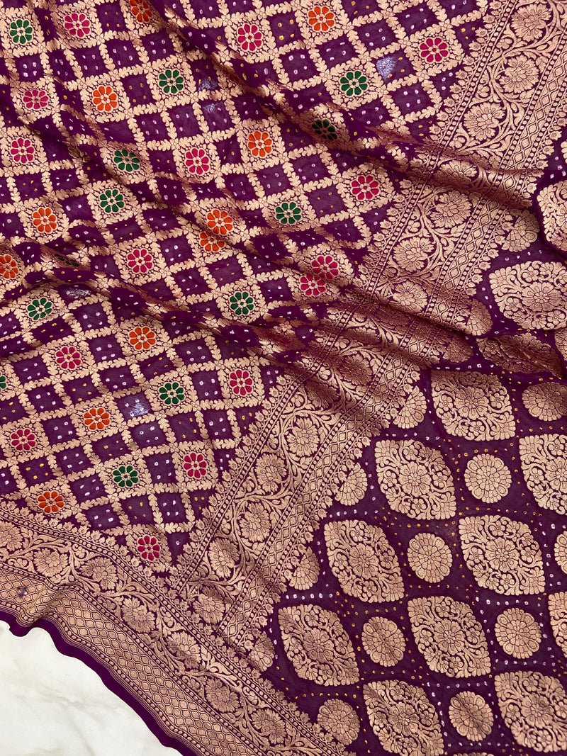 Pure Georgette Banarasi Bandhej Handloom Saree - with meenakari work - The Handlooms