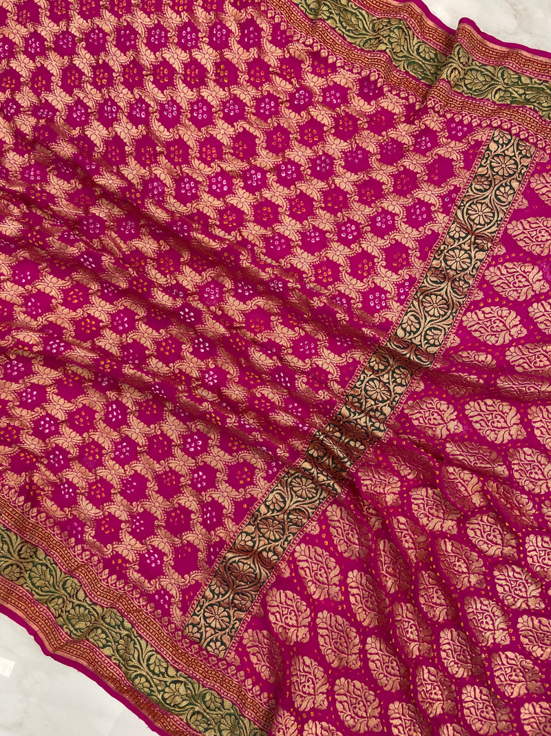 Pure Georgette Banarasi Bandhej Handloom Saree - with meenakari work - The Handlooms