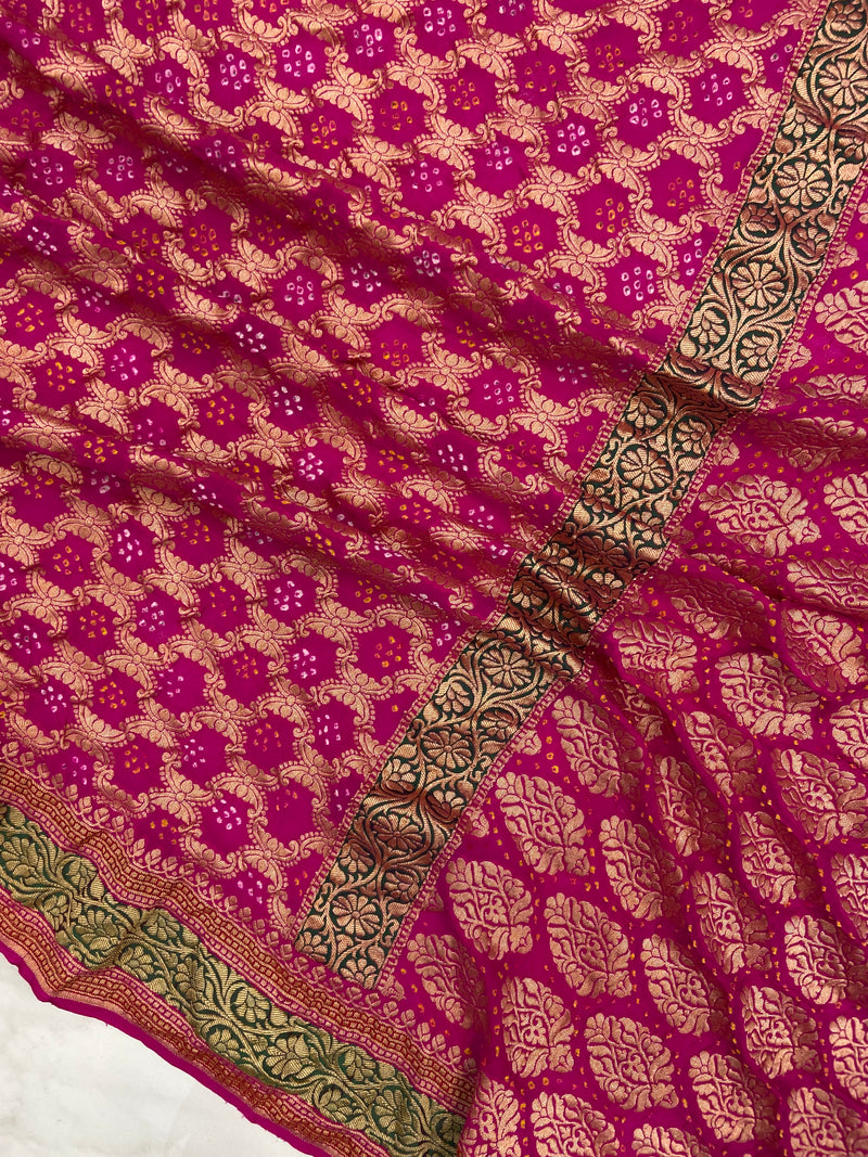 Pure Georgette Banarasi Bandhej Handloom Saree - with meenakari work - The Handlooms