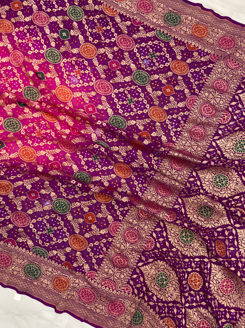 Pure Georgette Banarasi Bandhej Handloom Saree - with meenakari work - The Handlooms