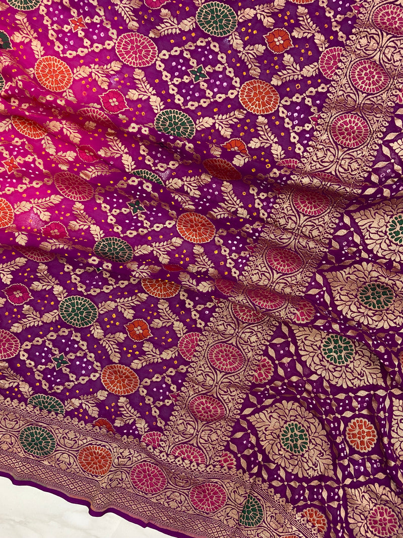 Pure Georgette Banarasi Bandhej Handloom Saree - with meenakari work - The Handlooms