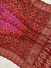 Pure Georgette Banarasi Bandhej Handloom Saree - with meenakari work - The Handlooms
