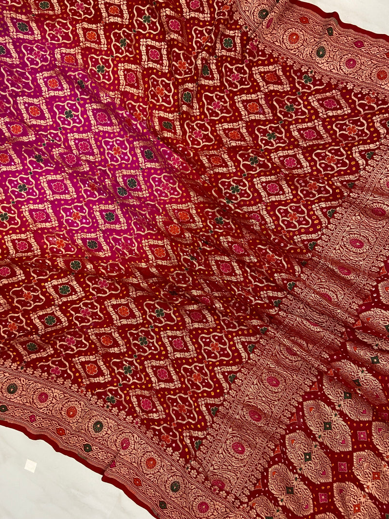 Pure Georgette Banarasi Bandhej Handloom Saree - with meenakari work - The Handlooms