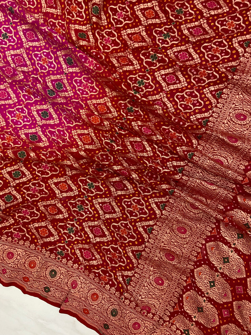 Pure Georgette Banarasi Bandhej Handloom Saree - with meenakari work - The Handlooms