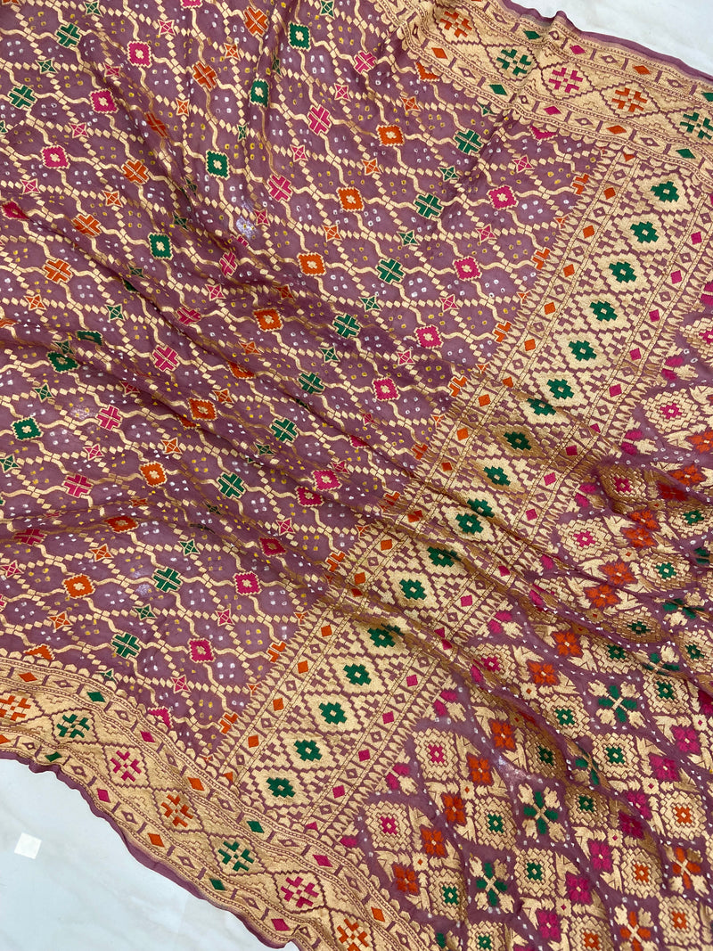 Pure Georgette Banarasi Bandhej Handloom Saree - with meenakari work - The Handlooms