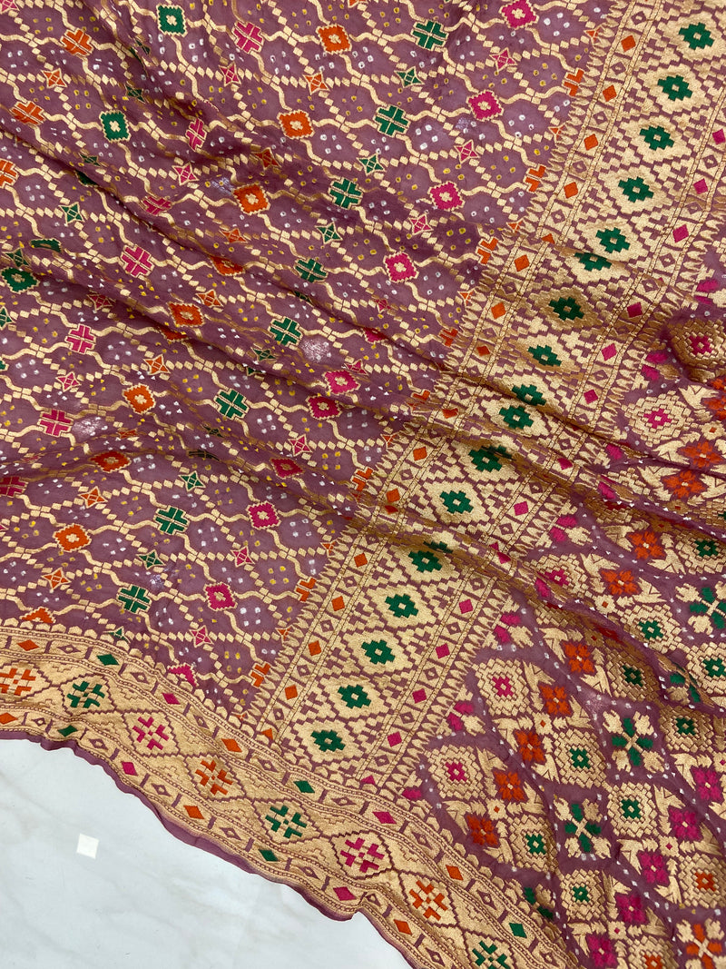 Pure Georgette Banarasi Bandhej Handloom Saree - with meenakari work - The Handlooms