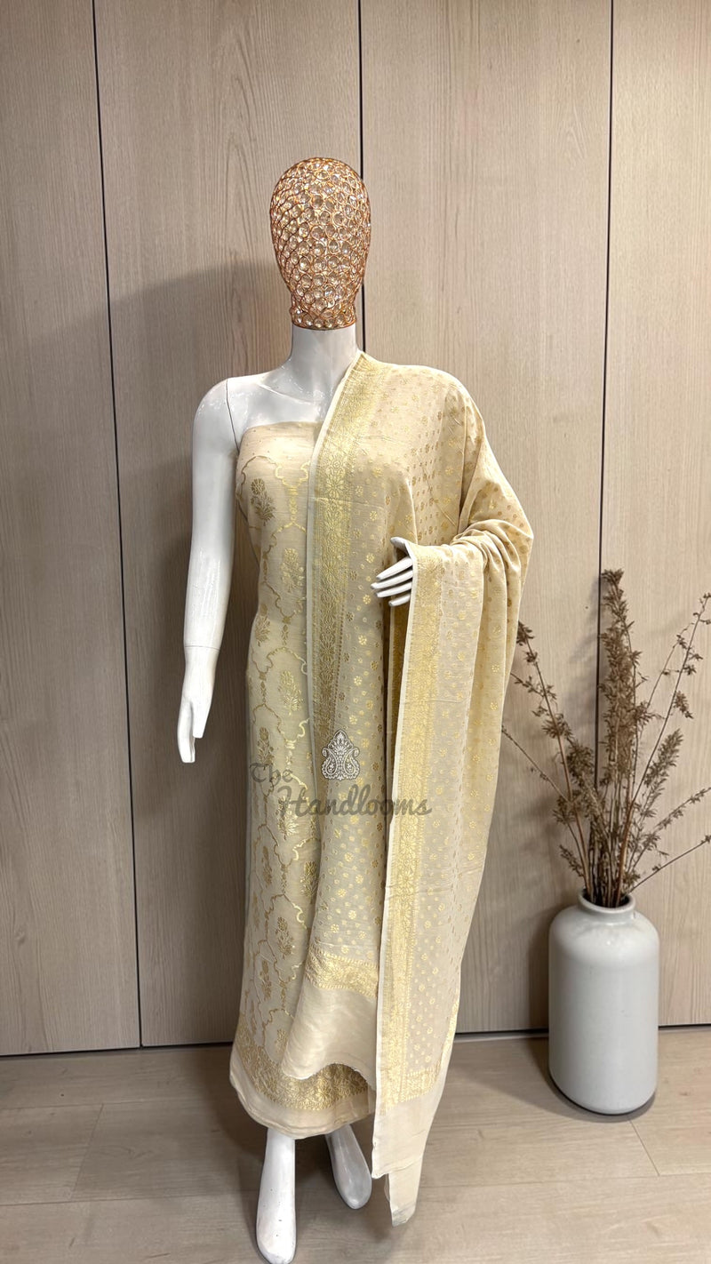 Pure Khaddi Georgette Handloom Banarasi Dress Material Water Zari - The Handlooms