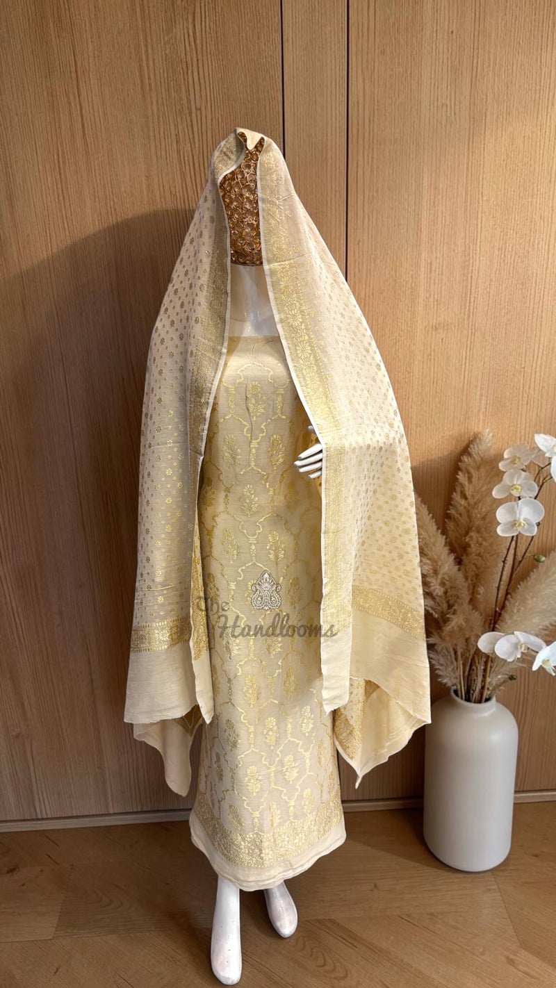 Pure Khaddi Georgette Handloom Banarasi Dress Material Water Zari - The Handlooms
