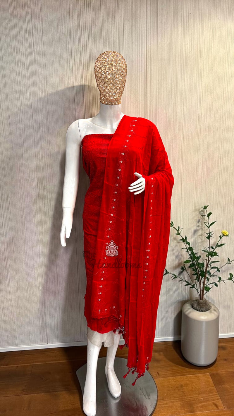 Pure Georgette Banarasi Chikankari Dress Material - The Handlooms