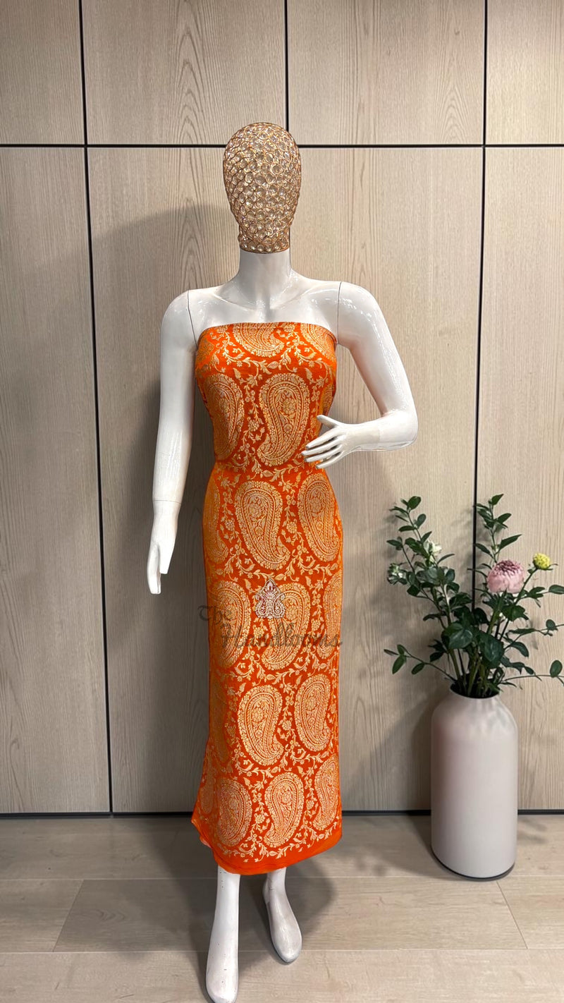 Peach Pure Khaddi Georgette Banarasi Dress material