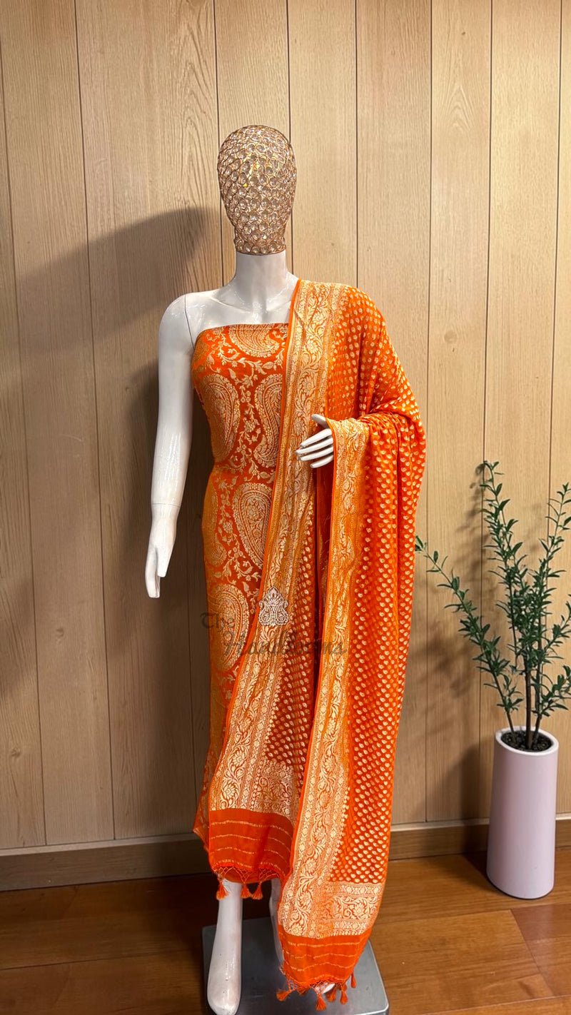 Peach Pure Khaddi Georgette Banarasi Dress material