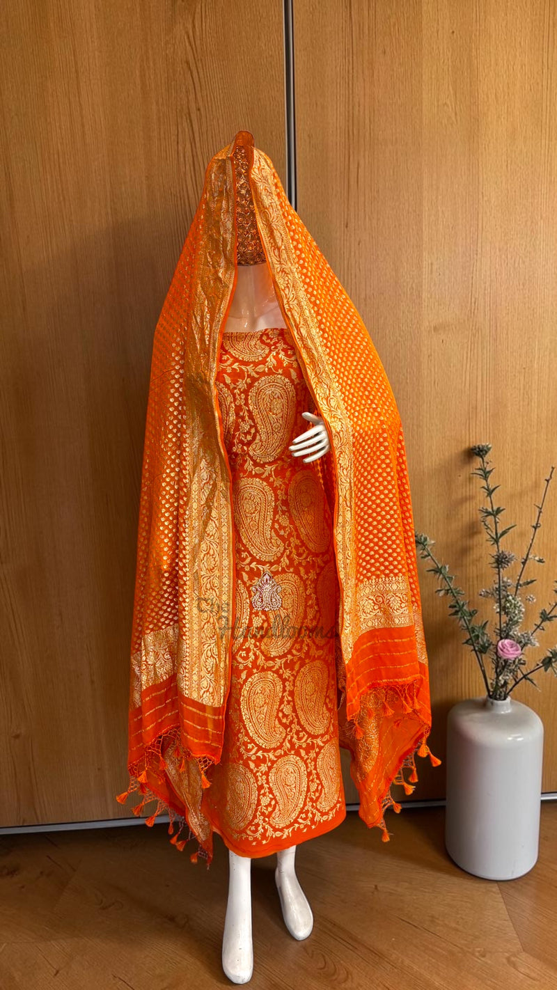 Peach Pure Khaddi Georgette Banarasi Dress material