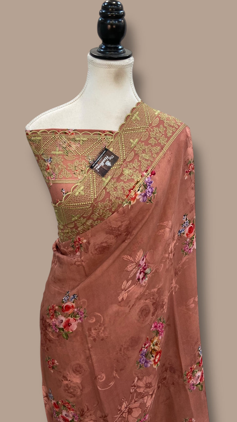 Pure Georgette Handloom Banarasi Saree - Chikanka With Digital Print - The Handlooms